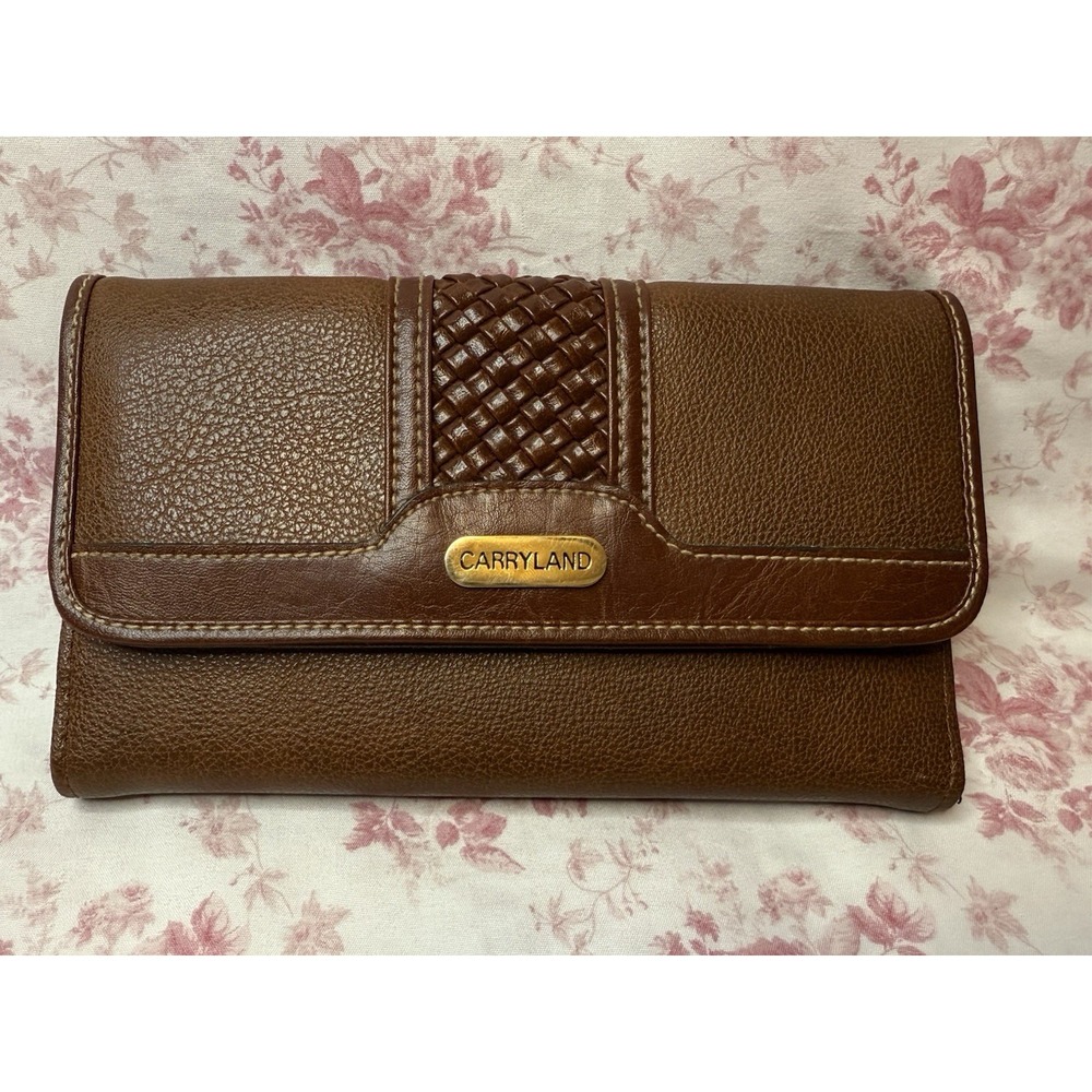 Carryland Brown Trifold Wallet Checkbook Organizer Faux Leather 7.5x4.5" Vintage